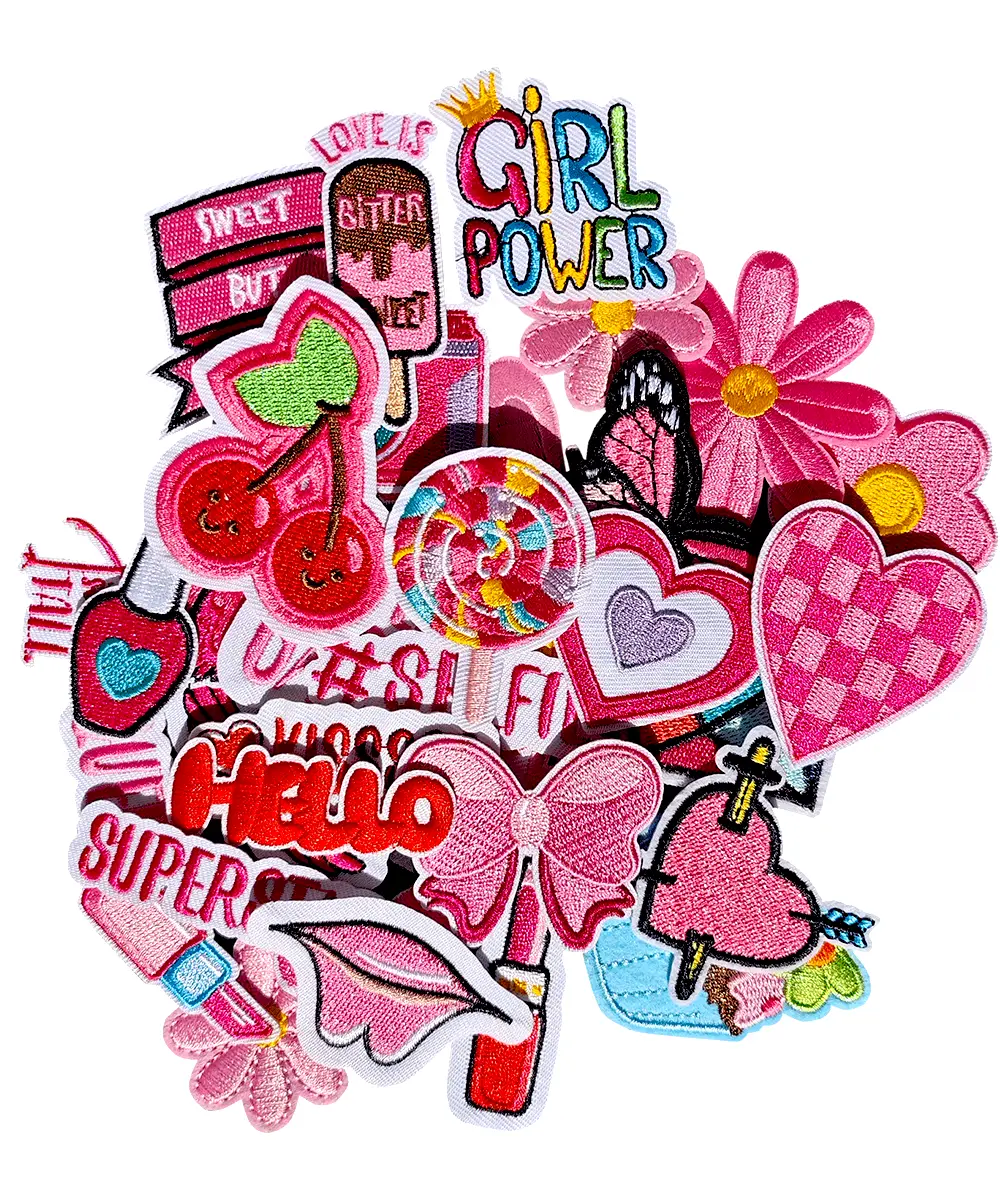32PCS Pink Iron-On Patches - Polyester Cute Embroidery & Sets, Girl-Themed Decor DIY Accessory for Skirts, Backpacks, Ideal Valentine Gift for Girls to Enhance Clothing Appeal