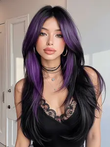 20 Inch Highlights Straight Wig with Bangs, Natural Soft Fiber Full Head Set, Daily Wear Festival Christmas