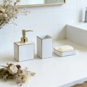 Ceramic Bathroom Accessories Set of 3, Includes Shower Bottle, Toothbrush Holder, Soap Dish, Modern Home Decor, Bathroom Decor Supplies