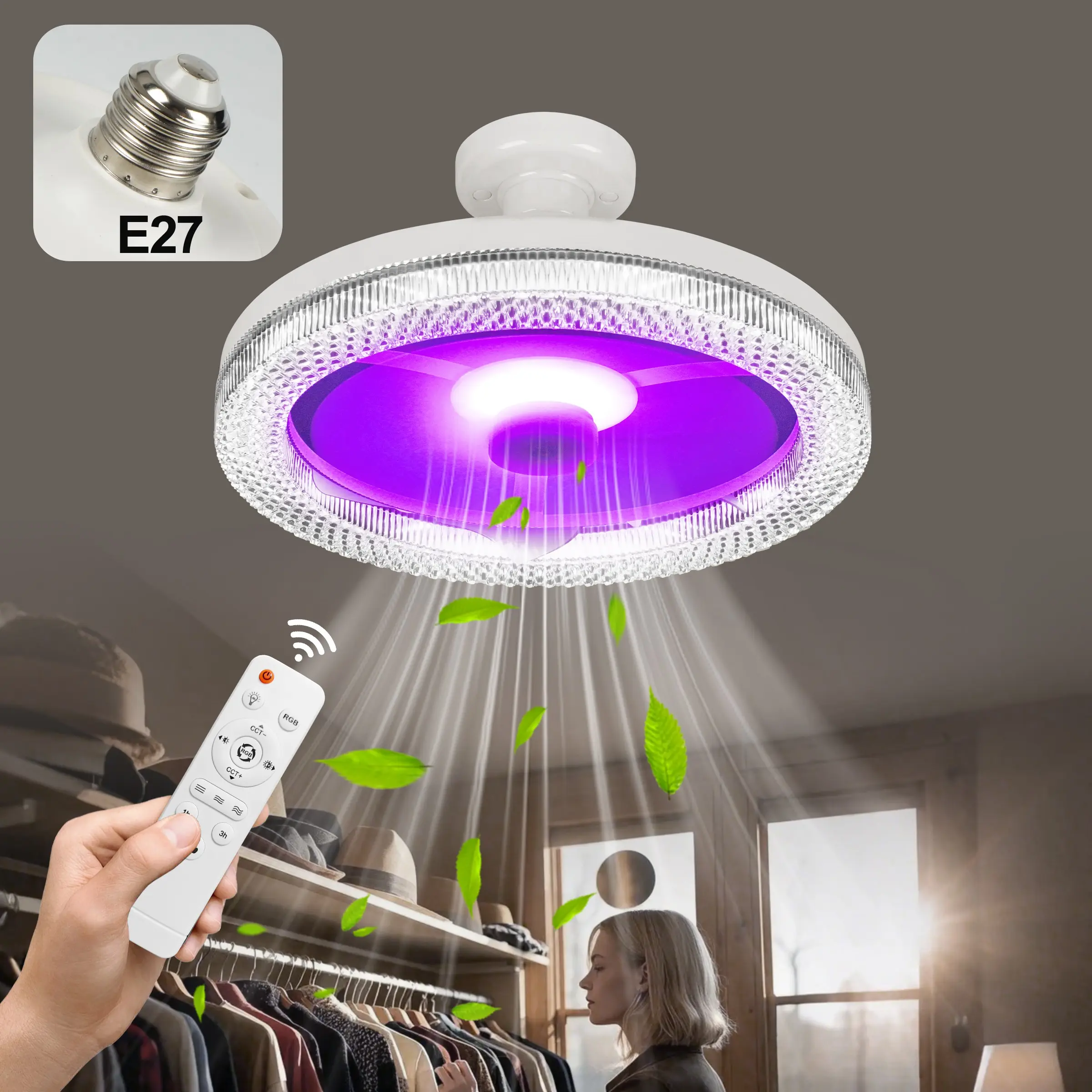 Socket Fan Light with Remote Control, E27 Socket Fan Light, RGB + Daylight Adjustable Bulb, Timer Function, Ideal for Bedroom, Kitchen, Garage