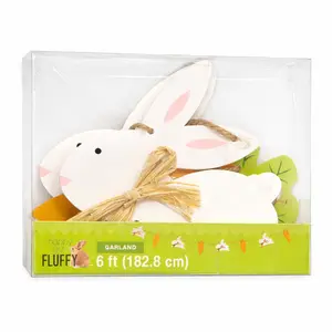 Fluffy Easter Garland with Wooden Bunny and Carrot Shapes – Festive Spring Decoration for Home, Door, or Table