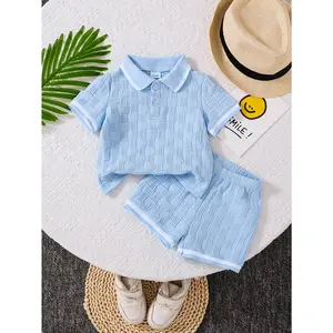 Nordic Light Blue Minimalist Summer Boys' 2-Piece Set - Polyester Casual Outfit for Outdoor Play HT3223730