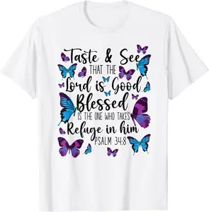 Christian Bible Verse Quote Butterfly Psalm 34:8 T-Shirt - Antonioja Shop 62B09DRWC9S6