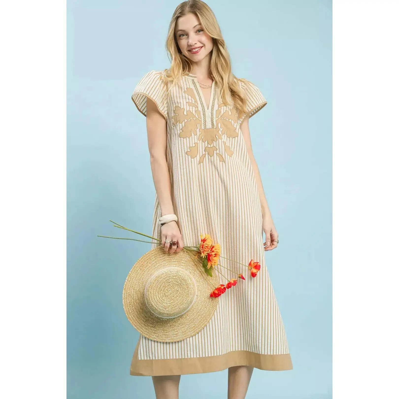 Umgee Stripe Midi Dress with Lace Trim