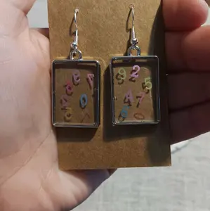 Square Shaped Epoxy Resin Earrings with Colorful Numbers Design on Transparent Square Shape Jewelry