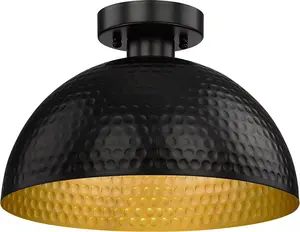 Hammered Semi Flush Mount Light Fixture, 12 inch Farmhouse Ceiling Light Fixture with Modern Black and Gold Finish for Bedroom, Bathrooms, Hallway, Kitchen, Porch, Laundry, Foyer