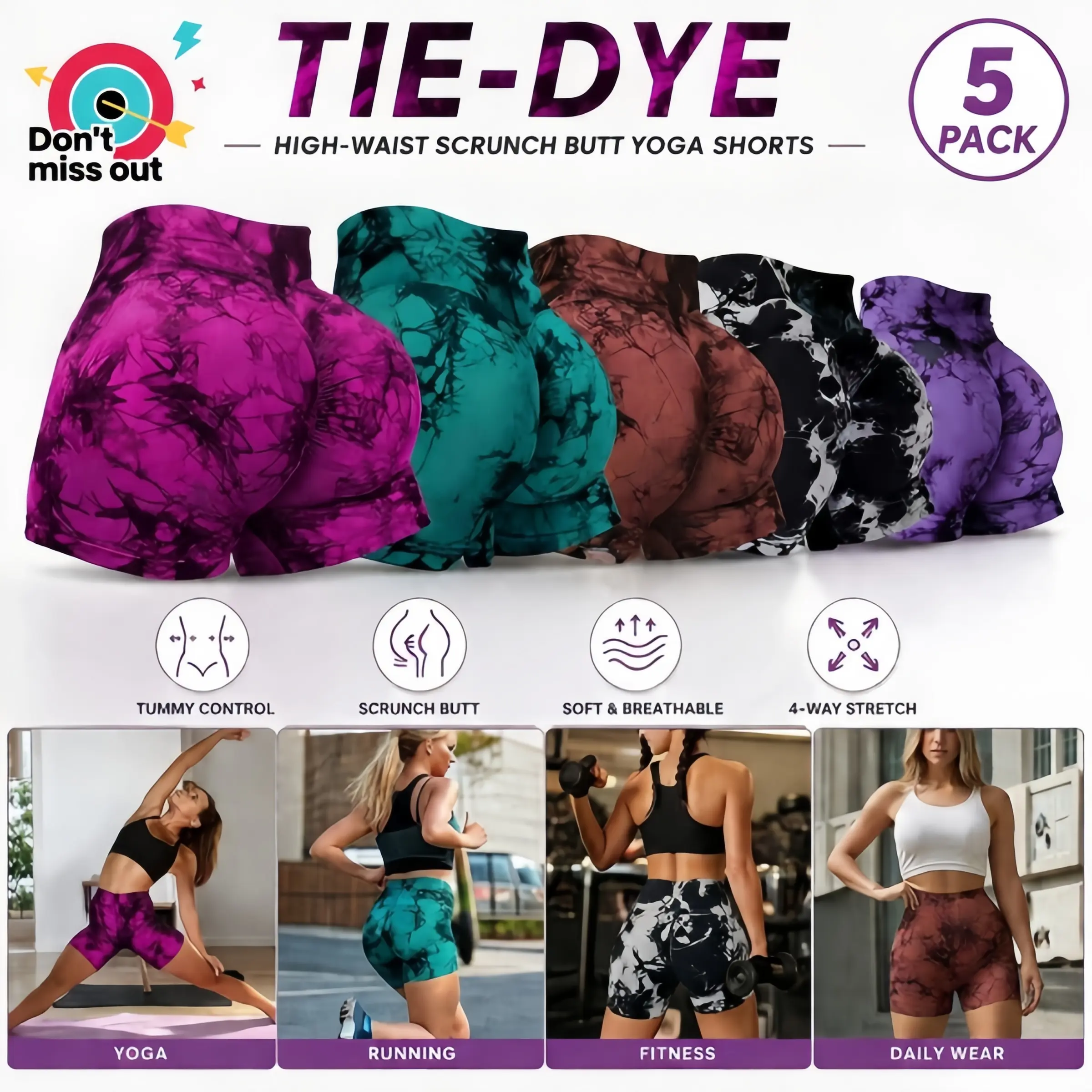 5-Pack Women's High-Waisted Tie-Dye Biker Shorts Tummy Control & Booty Lifting Gym Pants Buttery Soft Stretchy Fabric 5-Inch Inseam Perfect for Gym Casual Outings Basic Womenswear Athletic