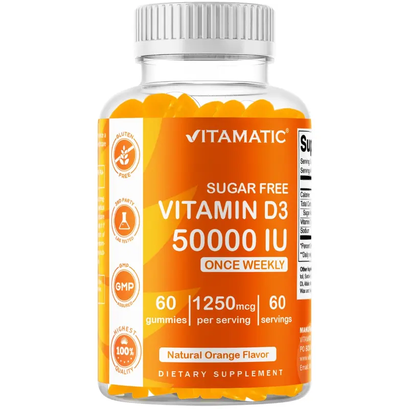 Vitamatic Sugar-Free Vitamin D3 50,000 IU Weekly Chewy Supplements - 60 Pectin-Based Gummies for Bone Health, Immunity Support, Calcium-Infused Nutrition & Muscle Care, Immunity Vitamins Supplements