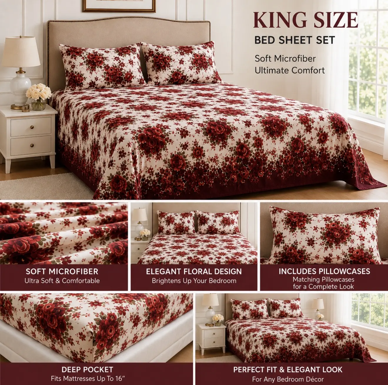 King Size Floral Bed Sheet Set with Pillowcases – Soft Microfiber Bedding Set