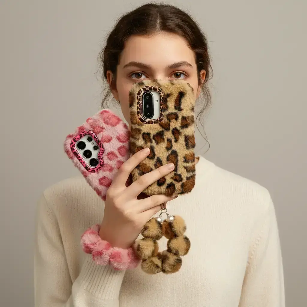 Autumn Winter Plush Leopard Print Phone Case Comprehensive Protection for Samsung Galaxy S25/s24/s23 Ultra, New S24 Plus Soft Cover, Creative Bracelet Design