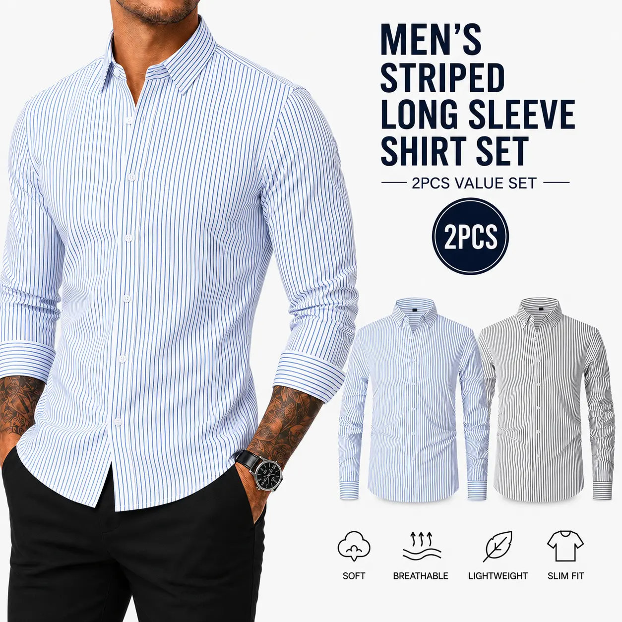 2-pack men’s shirts with vertical stripes, small square collar, and button closure; long-sleeve dress casual shirts made from cotton blends—durable, wear-resistant, colorfast, non-pilling, and shape-stable; suitable for work, office, and everyday wear.