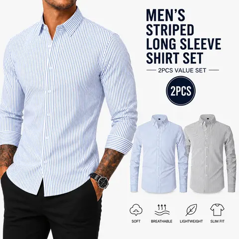 2-pack men’s shirts with vertical stripes, small square collar, and button closure; long-sleeve dress casual shirts made from cotton blends—durable, wear-resistant, colorfast, non-pilling, and shape-stable; suitable for work, office, and everyday wear. Ca