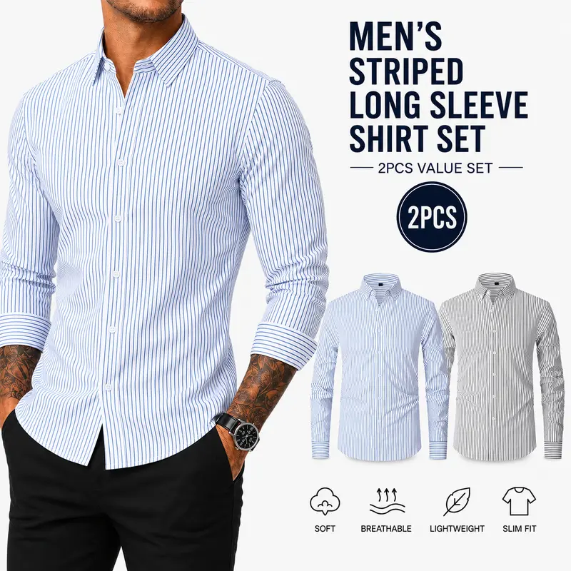 2-pack men’s shirts with vertical stripes, small square collar, and button closure; long-sleeve dress casual shirts made from cotton blends—durable, wear-resistant, colorfast, non-pilling, and shape-stable; suitable for work, office, and everyday wear. Ca