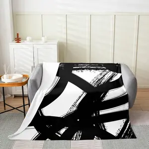 Black and White Flannel Fleece Throw Blanket,Throw 50"Lx60"W Modern Stripe Plush Blanket,Neutral Art Abstarct Art Fuzzy Blanket