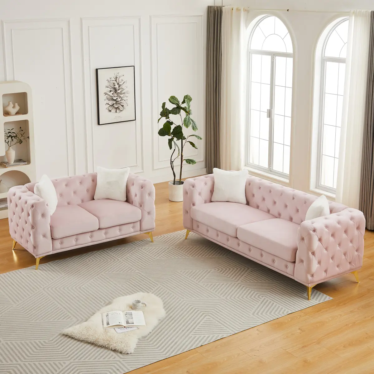 Mid Century Modern 3-Seater Couch & Loveseat Set, Upholstered Velvet Fabric Sofa with Fixed Arms, Button Tufting, Gold Legs & Deep Seat, Glam Look Chesterfield Furniture for Living Room, Bedroom