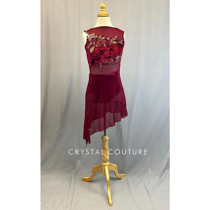 Custom Maroon Crushed Velvet Bodice Leotard and Attached Mesh Skirt.
