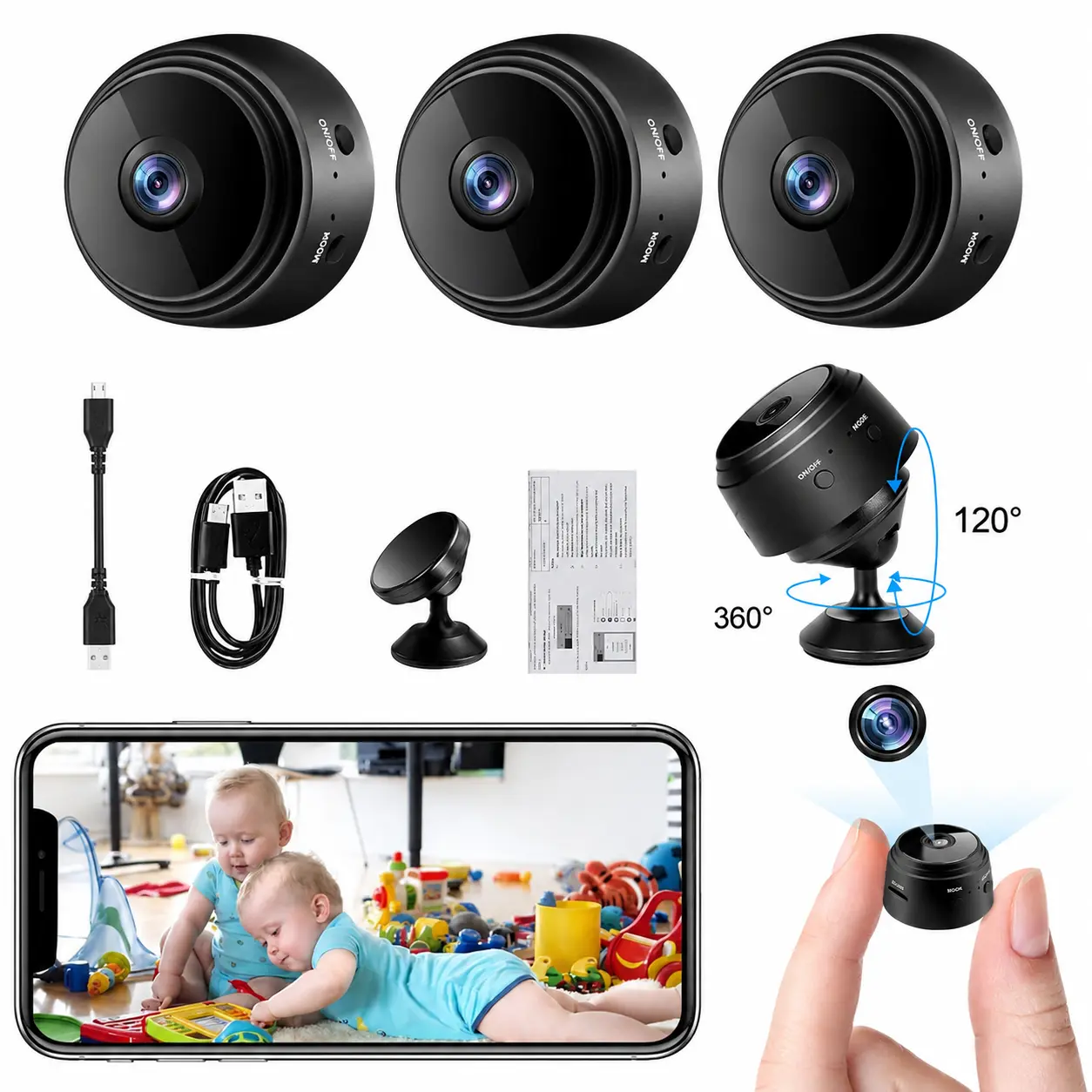 3PCS A9 Series Ultra Mini Hidden Camera Security, Smart WiFi Home Security CCTV Camera, 1080P HD, Motion Detection, Night Vision, USB Power, WiFi Streaming, Real-Time View, Plug-In USB Charger for Car Electronics