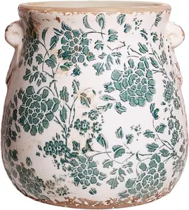 6.68in Dark Cyan Farmhouse Rustic Ceramic Planter - Indoor/Outdoor Garden Pot with Drainage Hole, Home Decor Accessory, Decorative Vase, Christmas Decoration