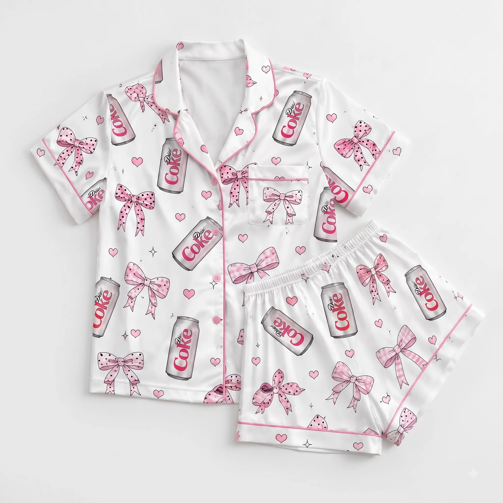 Novelty Pajama Set Diet C0ke Bow Print Short & Long Sleeve Pajamas For Women, No Pocket