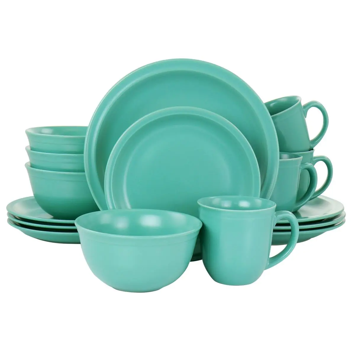 Siam Stoneware 16-Piece Solid Tone Green Round Tableware Set - Matte Gloss, Dishwasher-Safe, Microwave-Safe, 4 Settings with Mugs (Round Shape Included)