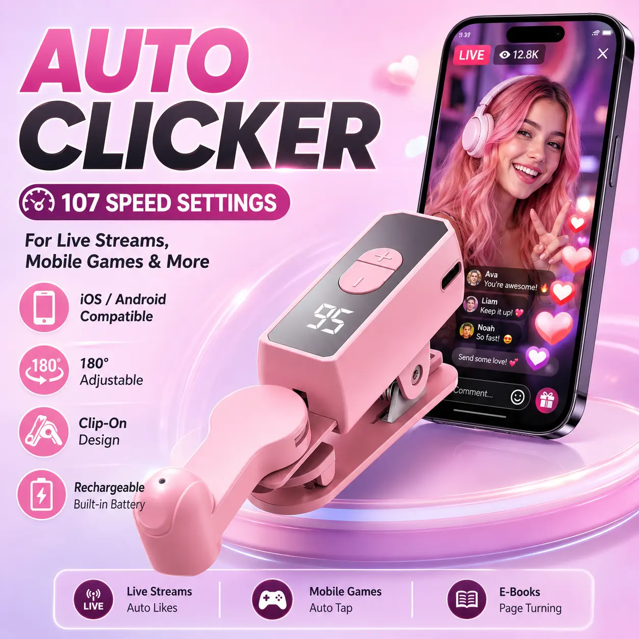 Automatic Clicker - Smart Screen Clicker with 107 adjustable speeds, rechargeable wireless automatic clicker compatible with iPhone, iPad, and Android devices, ideal for live streaming likes and social media tasks (Black).