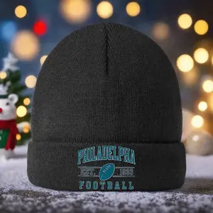 S&T 1 Piece Philadelphia Logo Knitted Hat - Black with Turquoise and White Team Colors, Fan Gear, Warm Winter Style, Featuring Iconic 'P' Logo and 1933, Machine Washable Casual Sports Accessory