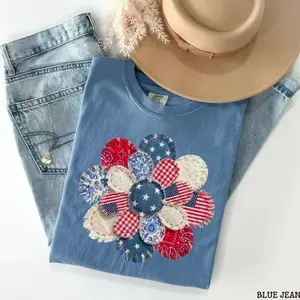 Comfort Colors Vintage Patriotic Patchwork Flower TShirt Printed, 4th Of July Floral Tee, Americana Quilt Style TShirt, Boho USA Tee, Summer Graphic Tee - TrendWear USA