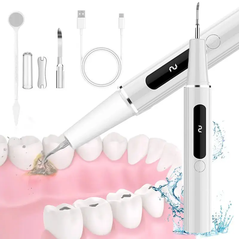 Electric Oral Plaque Remover Kit - Rechargeable USB Charging Stainless Steel Dental Scaler with LED Light, Adjustable Modes, Portable Device, Includes 2 Heads for Adults
