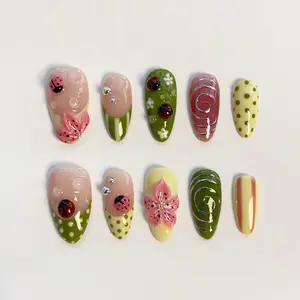 Cute ladybug nails/press on nails long almond nails/Cute Summer nails/Green polka dot nails/Silver swirl nails/Gel droplet nail/Holiday nail
