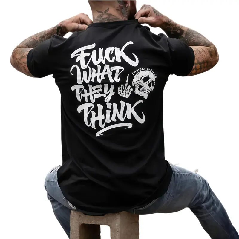 Women's Edgy Graphic T-Shirt with 'Fk What They Think' Skull Print, Cotton Streetwear Crew Neck Short Sleeve Casual Top, Shortsleeve, Tshirt, Round Neck, Graphic Shirts, Easter, Valentines Day, Bold Statement, Fitted Cut, Lightweight, Thanksgiving, Sarcas