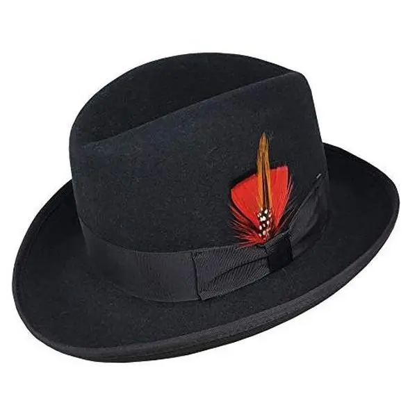 Men's High-Quality Hand-Made 100% Wool Felt Homburg Hat, Classic Godfather Style with Satin Lining, Wide Brim, Removable Artificial Feather - Ideal for Holiday Parties, Pairable with Fedora & Top Hats