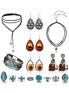 1 Set Bright Colorful Diversified Jewelry Set for Women Men Retro Western Stainless Steel Alloy Jewelry Collection Fashion Boho Turquoise Embellished Pendant Long Necklace Faux Leather Cuff Bracelet Turquoise Drop Earrings Flexible Adjustable Rings