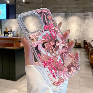 Pink Leopard Print Bow Pattern Large Hole Transparent Acrylic Magnetic Phone Case Compatible with iPhone 17/16/15/14 Pro Max, Samsung S22/23/24/25 Ultra/Plus/FE Supports Wireless Charging Scratch-Resistant & Drop-Proof