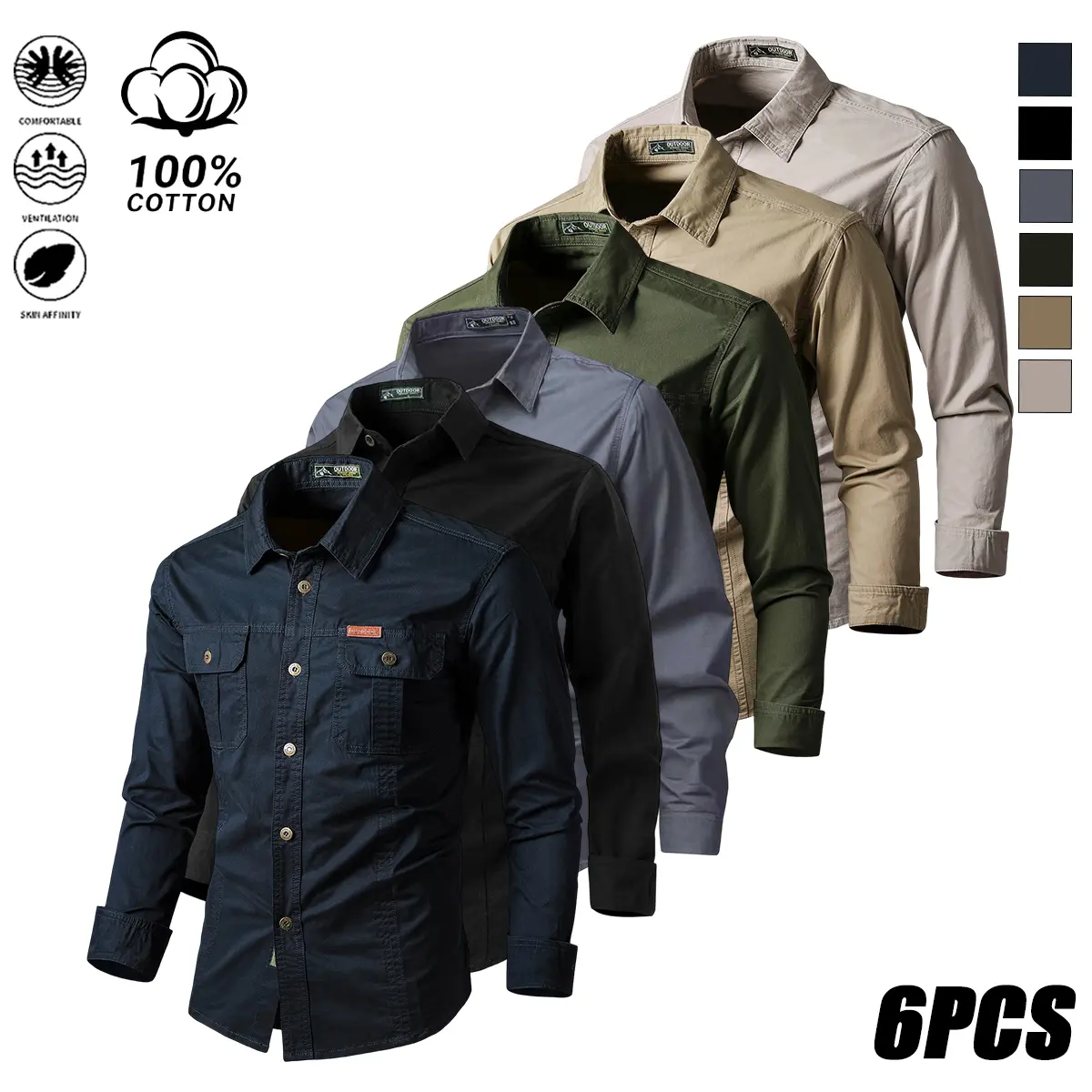 Men's Long-Sleeve Shirts, 6-Pack Casual 100% Cotton Pocketed Tops, Lightweight Fitted Cut for Outdoor Hiking,back to school,back to school shopping, With Pocket, Pocketed Shirt