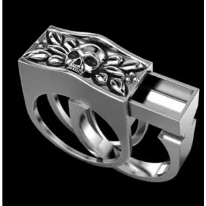 Unisex Ring with Cubic And a Double Band Featuring a Coffin Skull with a Concealed Compartment Designed in a Gothic Punk Biker Style