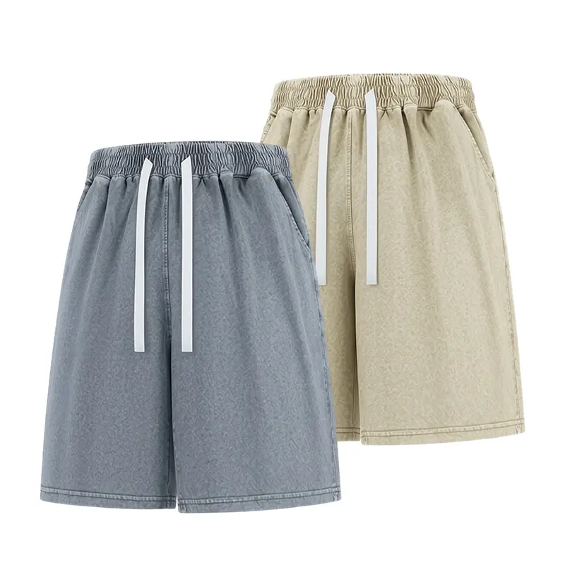 Premium vintage acid-wash pure cotton street-style shorts featuring durable stitching seams, an elastic waistband, and a loose knee-length fit. Neutral tones suitable for teenage boys and adult men.
