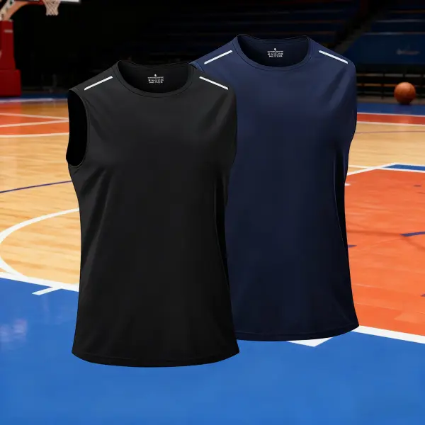 Men's 2-Piece U-Neck Solid Color Ice Silk Tank Tops - Quick-Drying, Lightweight, Breathable, Fitted, Stretchy Fitness Activewear for Summer Gym, Outdoor Fitness (Father's Day Gift Option) Sweat Sauna Vest, Two Piece