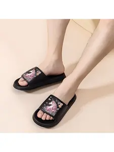 Women's Unicorn Slippers with Floral Butterfly Print Soft Fleece Lined House Shoes for Girls Comfortable Non-Slip Indoor Slippers Pink Unicorn Design Bedroom Slippers for Kids and Adults