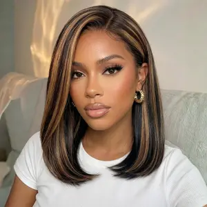 【Side Part】UNice Black with Caramel Highlights Yaki Straight Bob Glueless 7x5 Closure Human Hair Wigs with Drawstring Natural Hairline No Slip Beginners Friendly summerwins