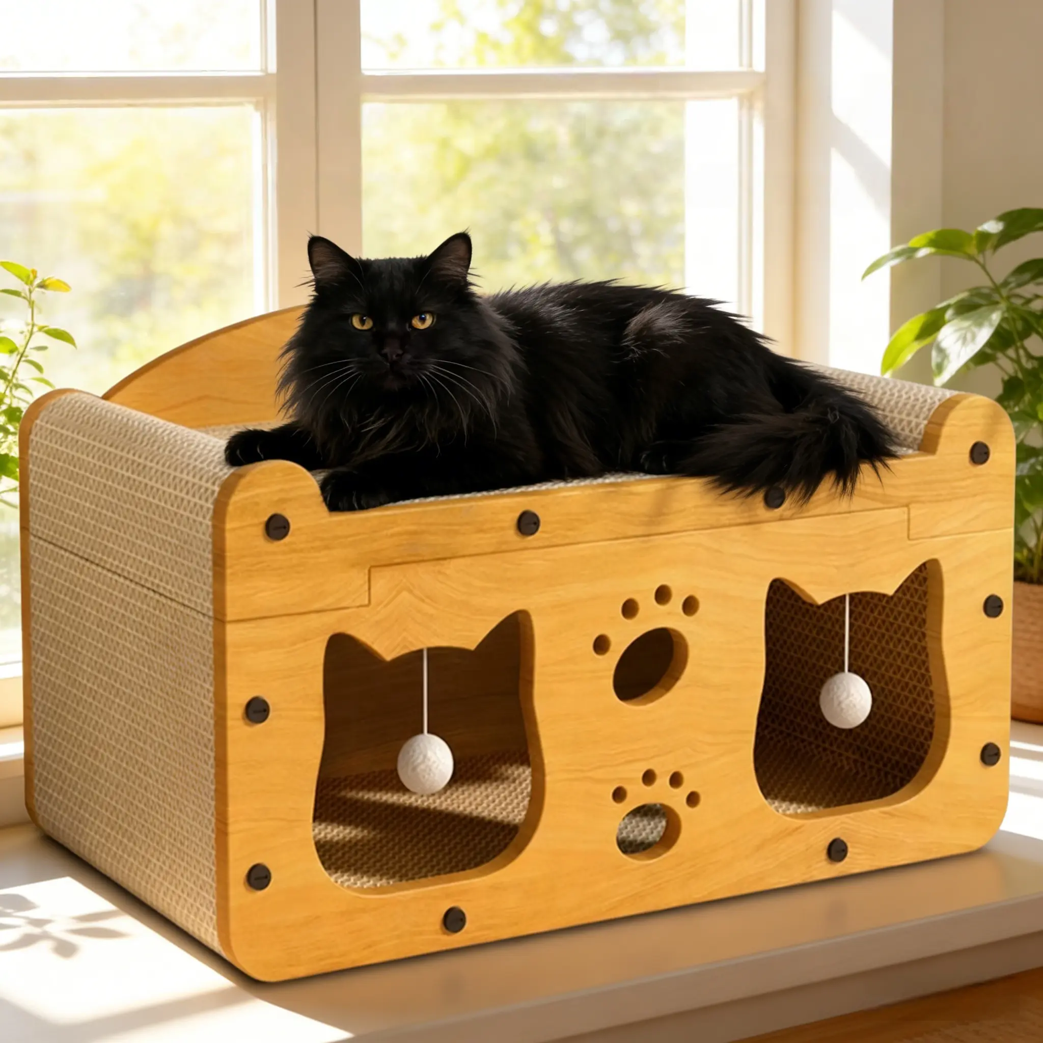3-in-1 Cat Scratcher Bed House – Cozy Cat Lounging Space with Scratching Pad & Interactive Toy for Indoor Cats