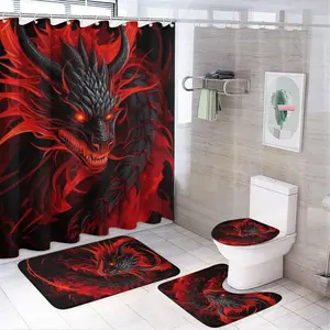 Dragon Pattern Bathroom Decor Set, 4 Counts/set Including Shower Curtain & Toilet Lid Cover & Rectangular Mat & U-shaped Mat, Bathroom Decor Supplies, Bathroom Accessory