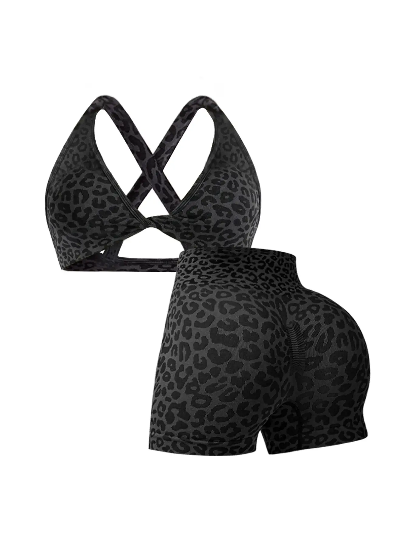 Women's Leopard Print Sports Set, Sporty Bra and High Waist Tight Shorts for Fitness and Daily Exercise