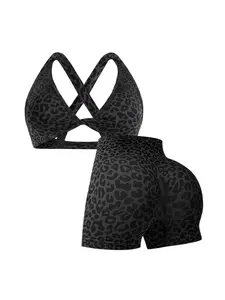Women's Leopard Print Sports Set, Sporty Bra and Tight Shorts, High Waist Sleeveless for Fitness and Daily Exercise