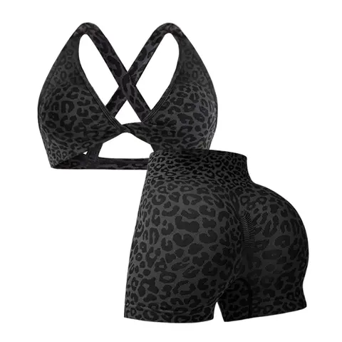 Women's Leopard Print Sports Set, Active Wear, Sporty Bra and High Waist Tight Shorts for Fitness and Daily Exercise