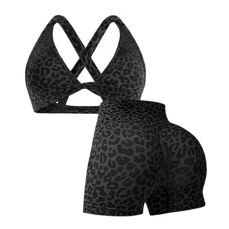 Women's Leopard Print Sports Set, Active Wear, Sporty Bra and High Waist Tight Shorts for Fitness and Daily Exercise