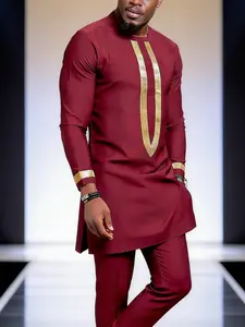 Men's Dashiki Casual Set, Embroidered Round Neck, Side Shoulder Zipper, Split Hem Long Sleeve Top, Elastic Pants, All Seasons New Arrival