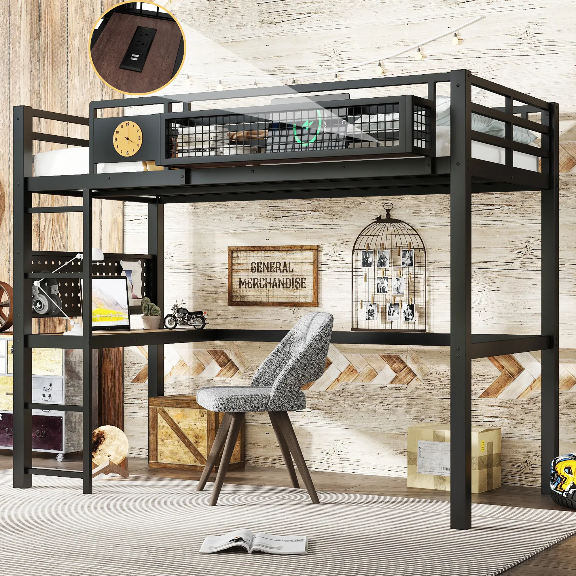 Twin XL Loft Bed Frame with Desk, Storage Basket, Clock & Charging Port, Metal Loft Bed for Kids Teens, Space-Saving Bed with Built-in Desk and Storage, Black, No Box Spring Needed, Bedroom Furniture for Bedroom, Guest Room, Kids Room