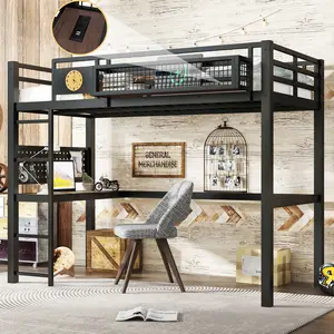 Twin XL Loft Bed Frame with Desk, Storage Basket, Clock & Charging Port, Metal Loft Bed for Kids Teens, Space-Saving Bed with Built-in Desk and Storage, Black, No Box Spring Needed, Bedroom Furniture for Bedroom, Guest Room, Kids Room