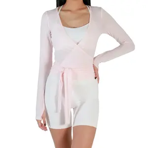 Women's Ballet Wrap Tops Solid Stylish V Neck Long Sleeve Workout T-Shirt for Sports