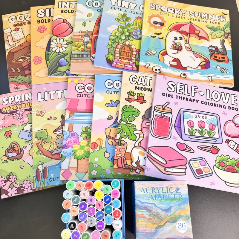 12-Piece Thick Coloring Book Set with 36 Colors, Coloring Book Markers, Cute Designs, Multiple Themes, Perfect for Daily Leisure & Holiday Gifts